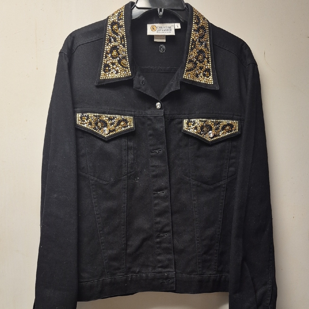 Elegant Black Denim Jacket with Embellished Details